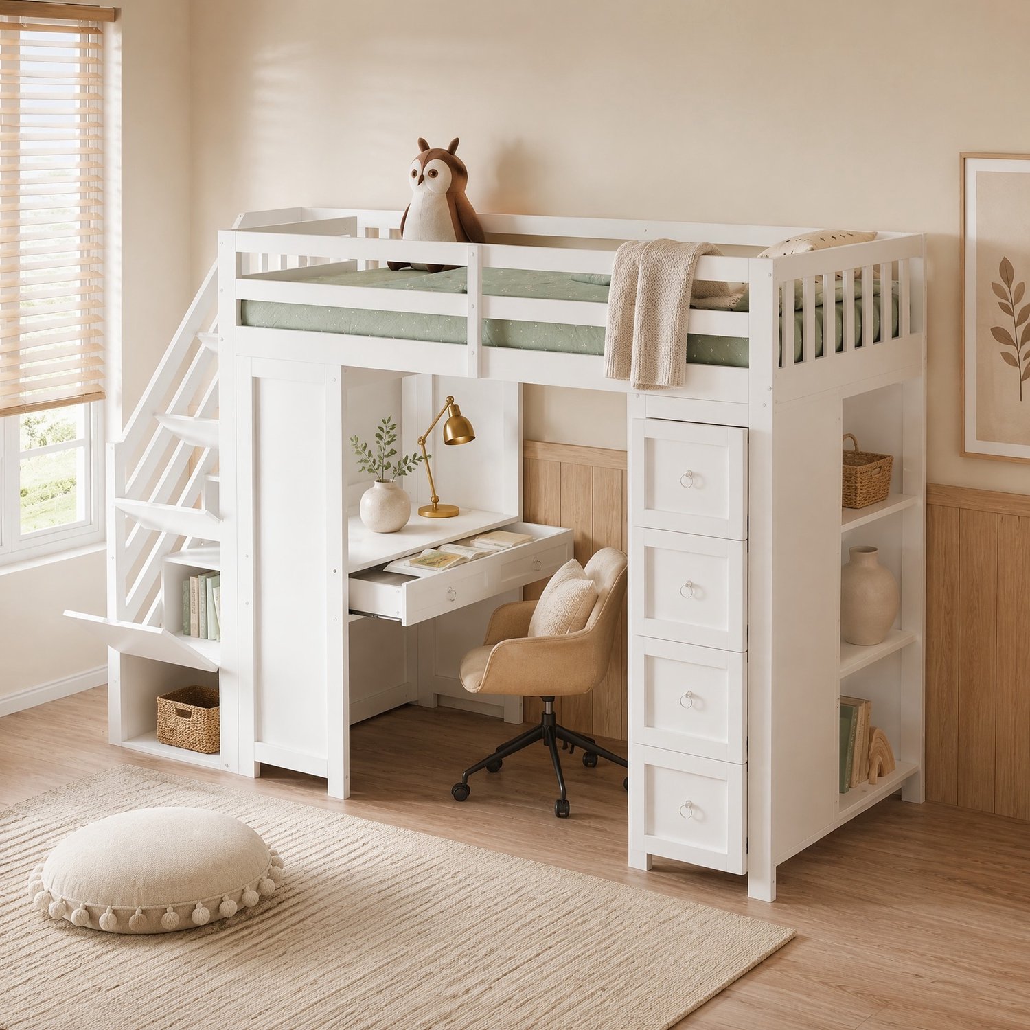 Wishdor Hoogslaper 90x200 cm - Kinderbed met bureau en opbergruimte - Vierzijdige uitvalbeveiliging - Lades, kast en zijplanken - Modern ontwerp - Kinderkamer - Hout en MDF Wit