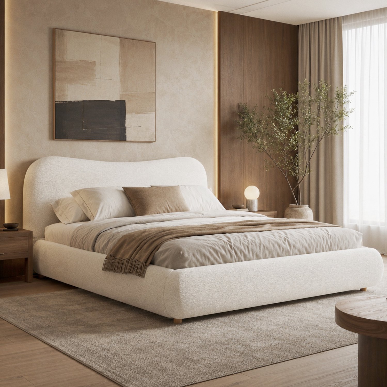 MIVRAY Gestoffeerd Bed 180x200 cm - Tweepersoonsbed Met Hydraulische Opbergruimte en Lattenbodem - Zonder Matras - Bouclé - Wit