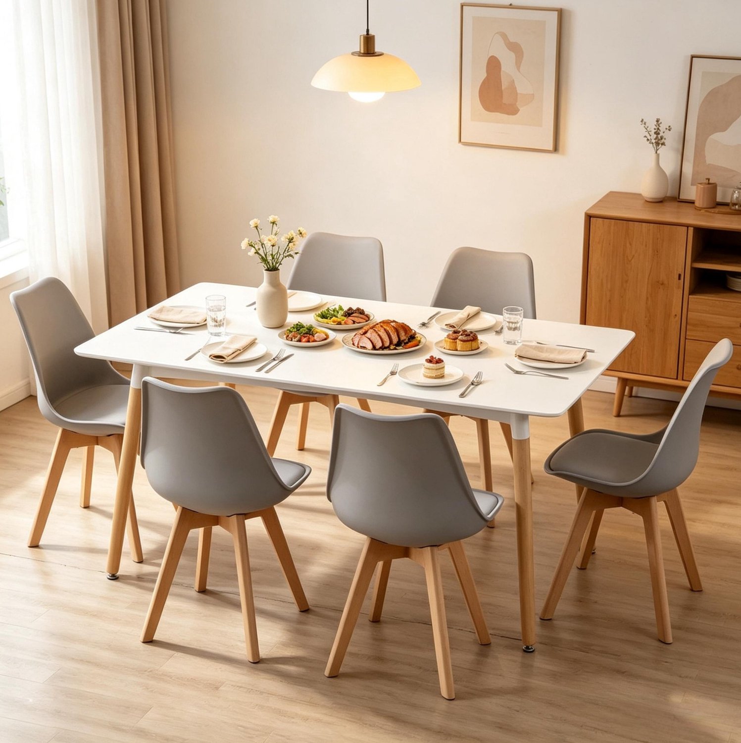 MODFU Eetkamerstoel - Gewatteerde Kunstleren Zitting - Modern - Hout - Grijs