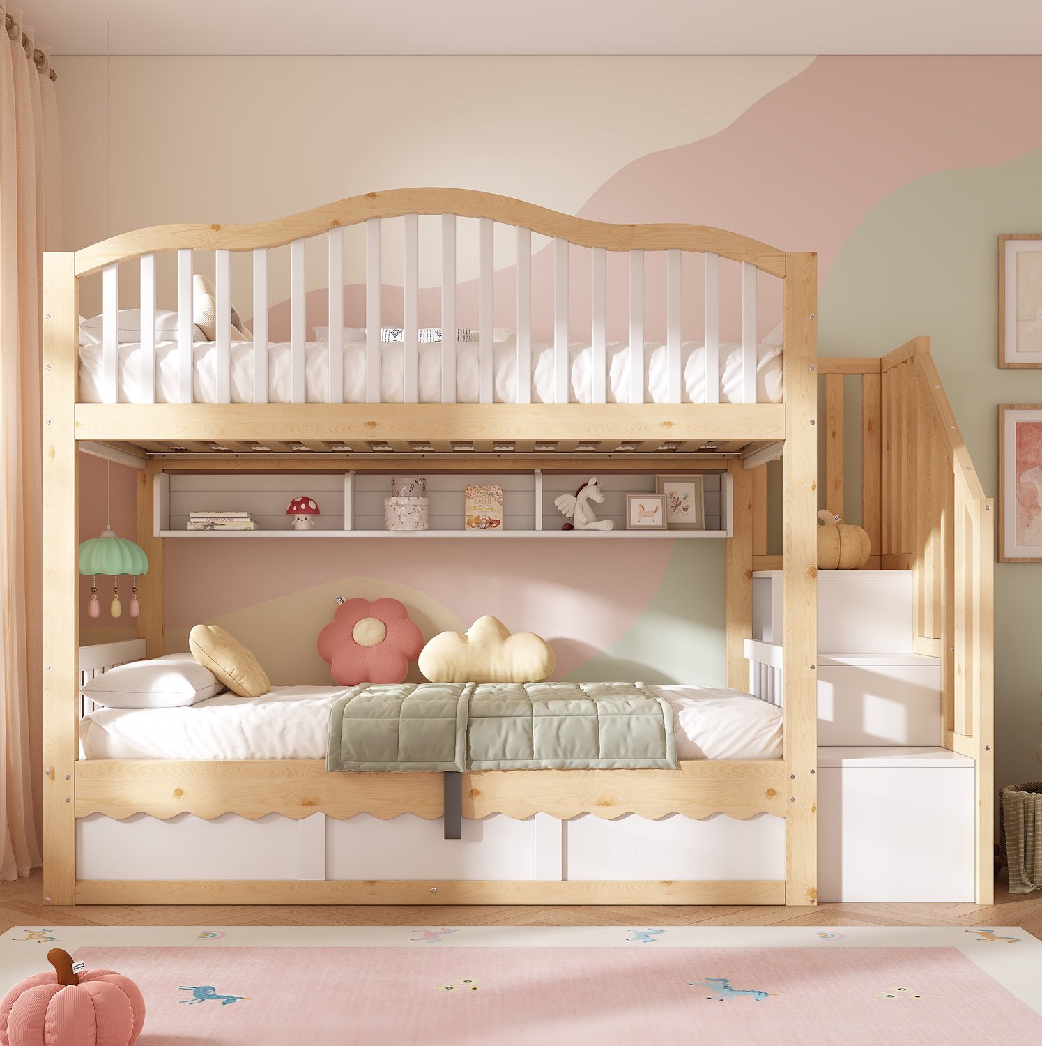 Wishdor Kinder stapelbed 90 x 200 cm - Hydraulische opbergruimte - Veiligheidstrap met opbergvakken - Uitvalbeveiliging - Hout en MDF - Wit en eikenkleurig - Kinderkamer