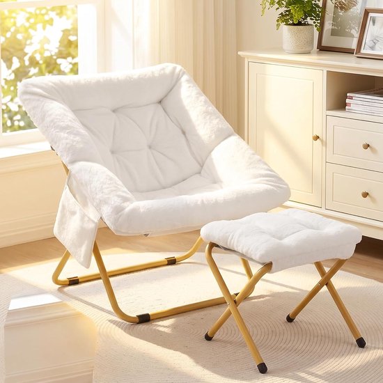 Inklapbare Relaxstoel met Voetenbank – Luxe Zachte Pluche Loungestoel – Comfortabele Schotelstoel – Opvouwbare Fauteuil – Wit met Goudkleurig Metalen Frame