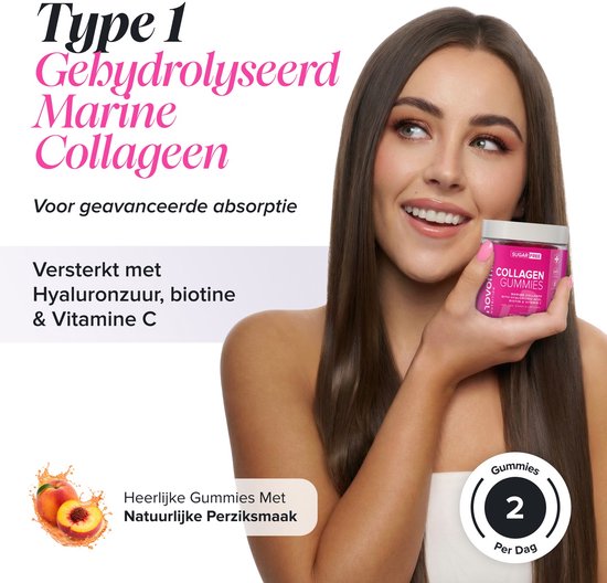 Vrouw houdt een potje collageen-gummies vast, met tekst over gehydrolyseerd marine collageen en perzikillustratie.
