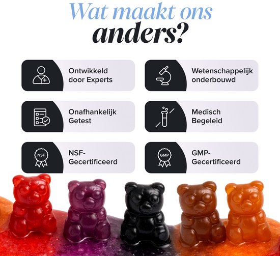 Vijf kleurrijke gummybeertjes op een ondergrond, met teksten over wetenschappelijke certificeringen.