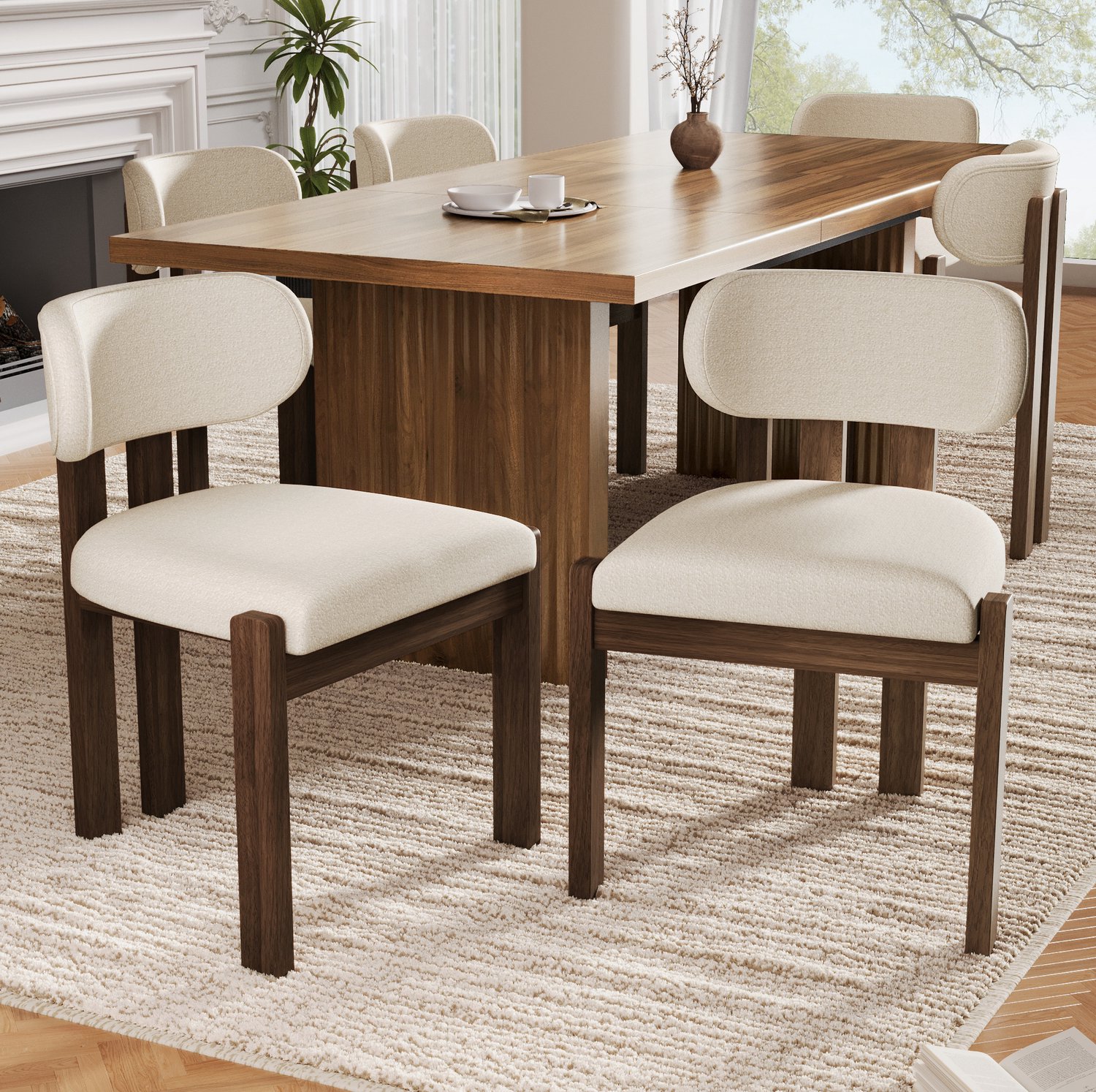 MODFU Eetkamerstoel Met Armleuningen - Bouclé - Modern - Hout - Walnoot - Set Van 4