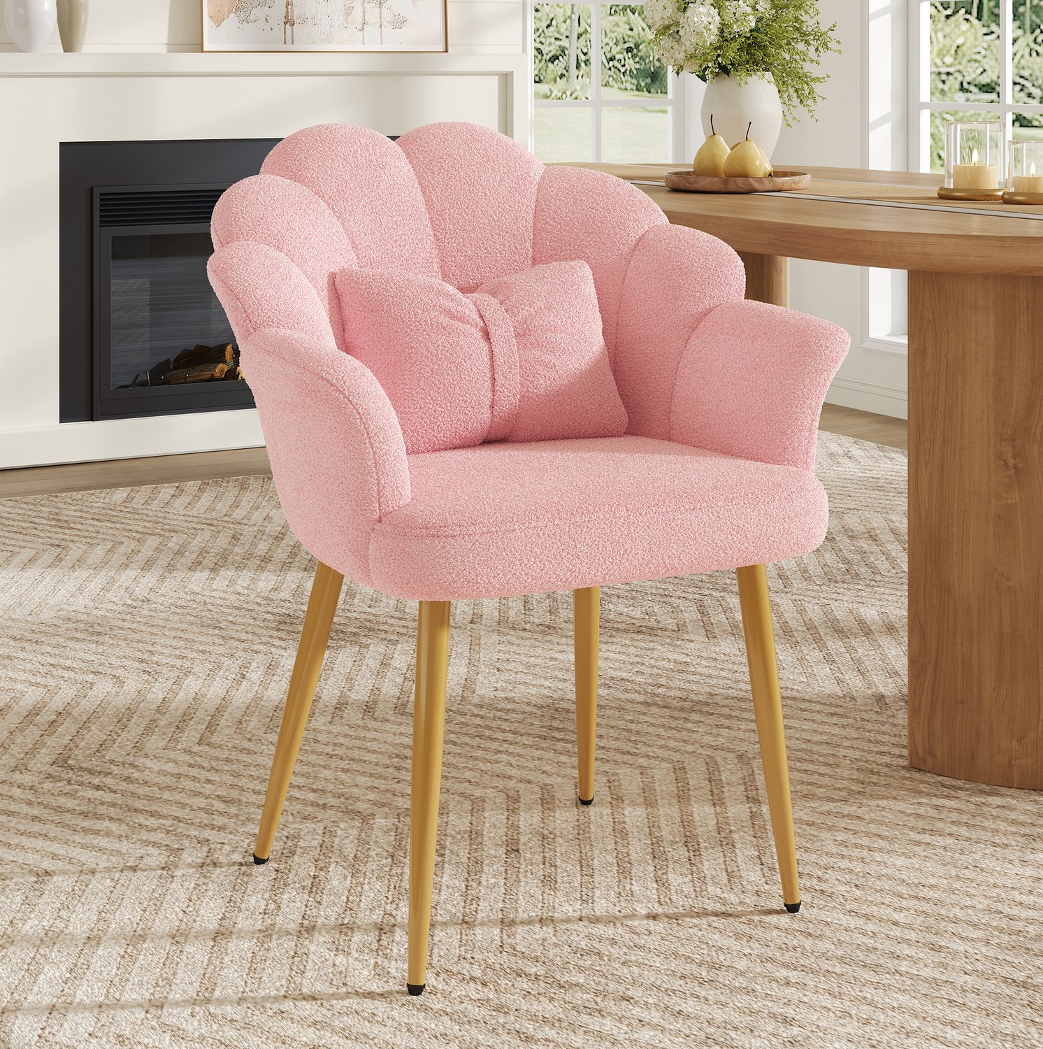 OKWISH Fauteuil 64 Bij 65,5 Bij 85 Cm - Bloemvormige Rugleuning Met Armleuningen - Slaapkamer Of Eetkamer - Teddy Stof - Roze