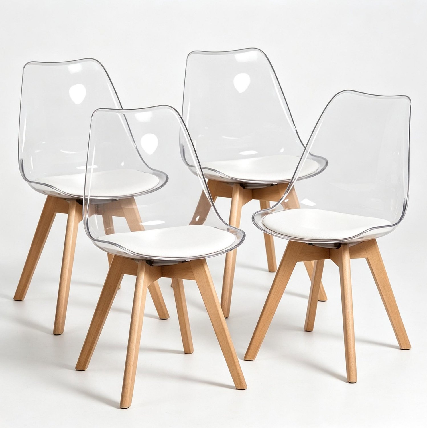 MODFU Set Van 4 Eetkamerstoelen - Transparante Kuip - Houten Poten - Wit