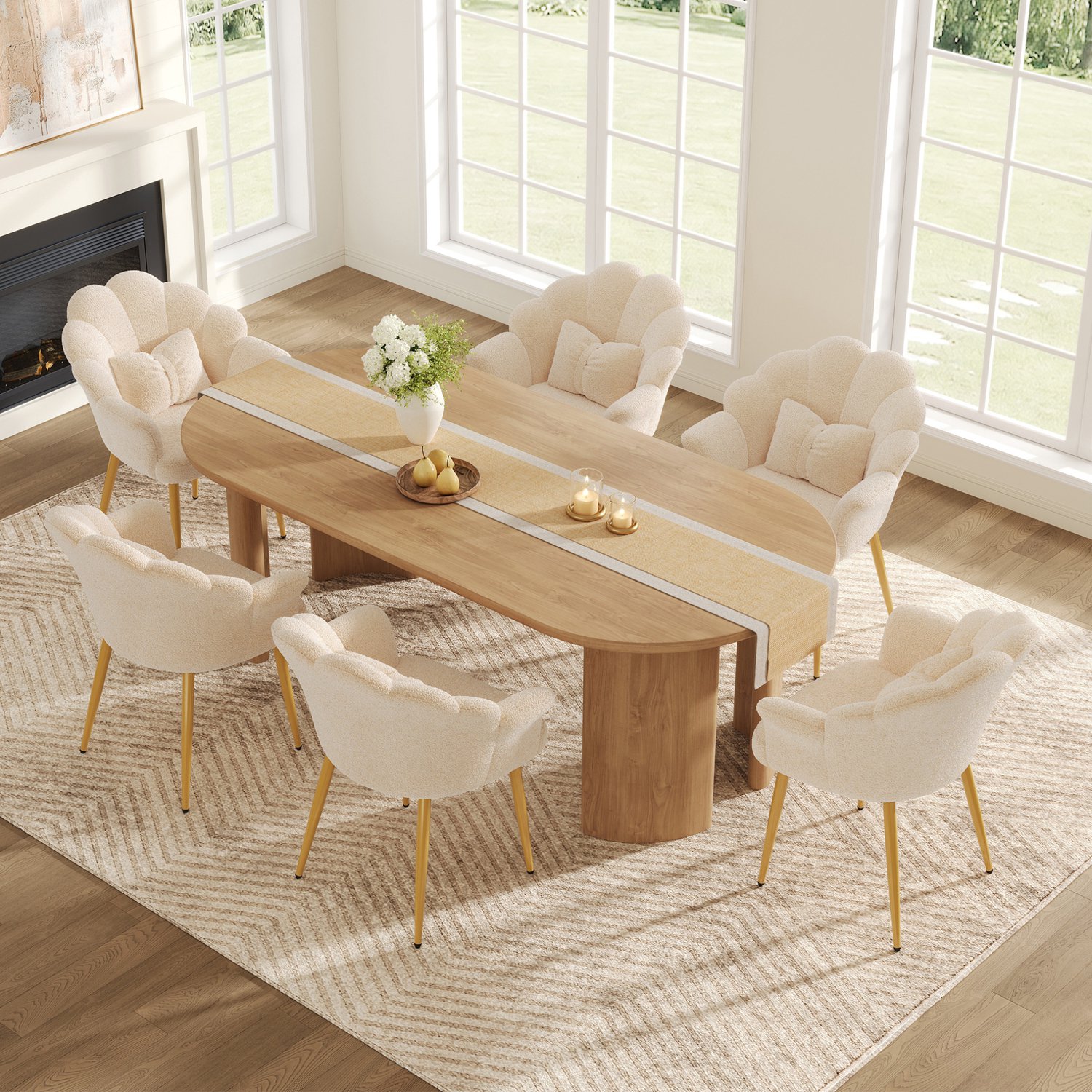 OKWISH Eetkamerstoel - Set Van 6 - Armleuningen - Teddy Stof - Beige