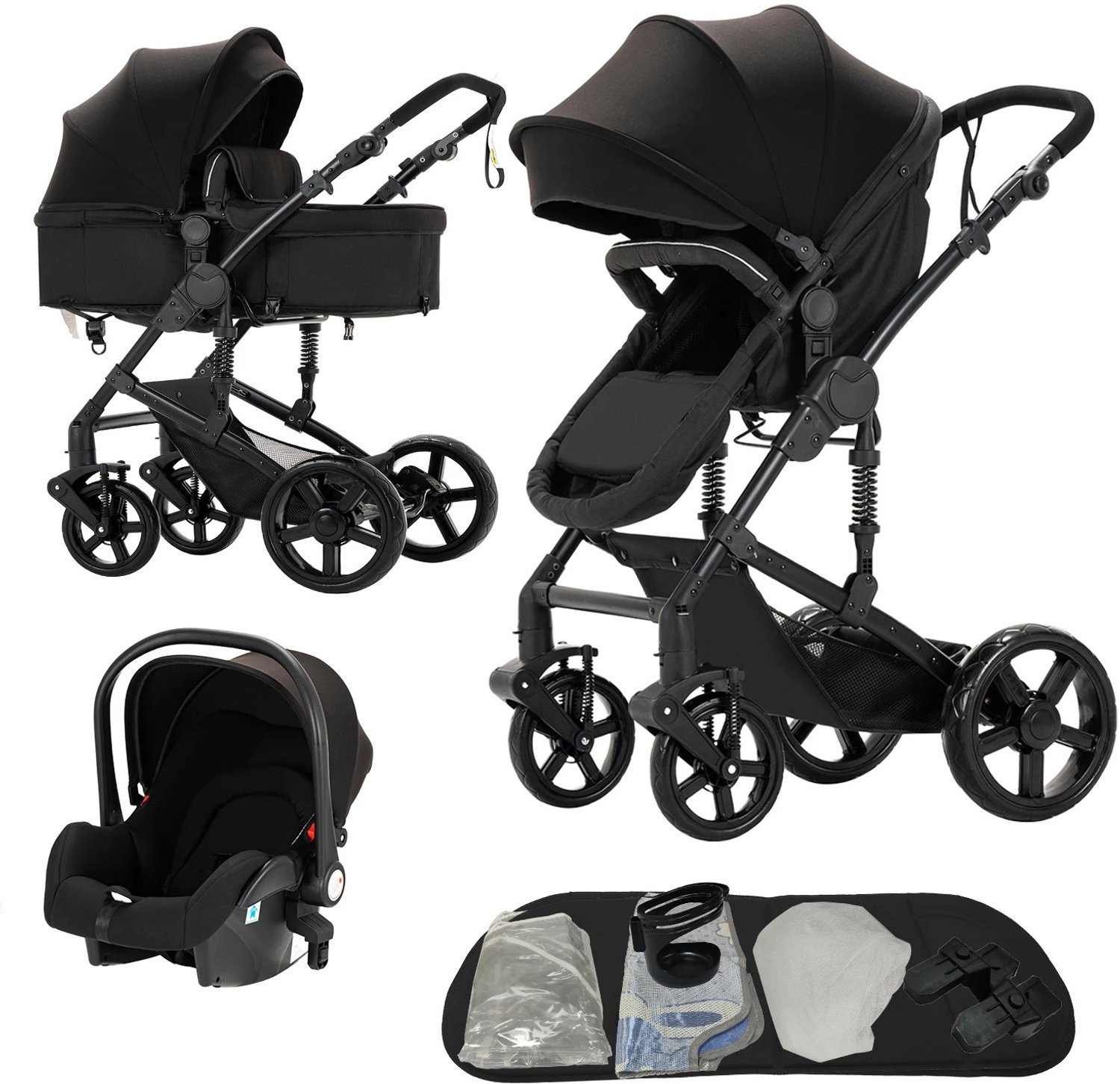 Velmio Luxe 3-in-1 Kinderwagen - Autostoeltje - Wandelwagen - Buggy - Reiswieg - Inklapbaar - 0-36 Maanden - Zwart