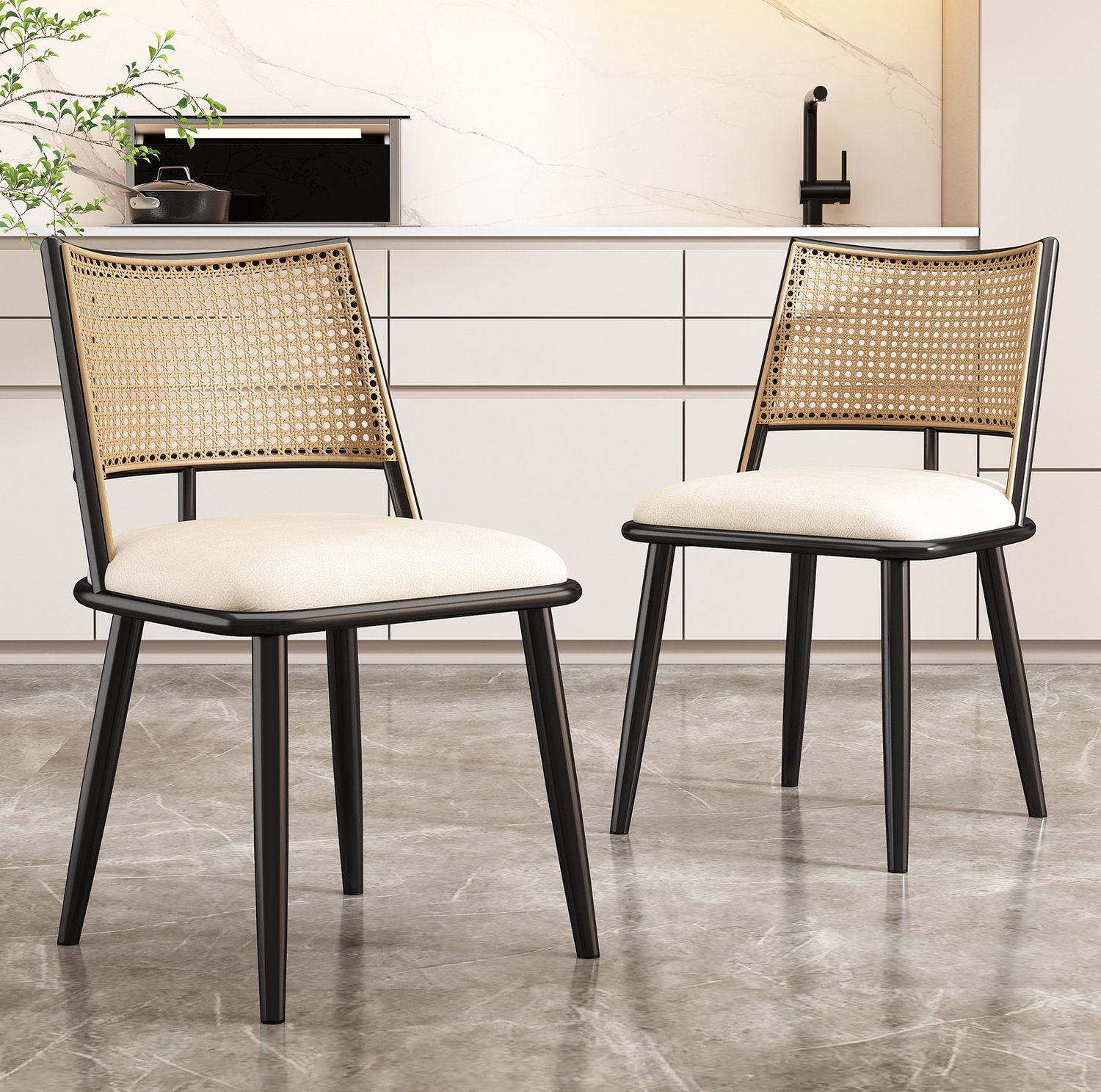 Eetkamerstoel set van 2 – 80 cm – PU-kunstleren zitting en rotan rugleuning