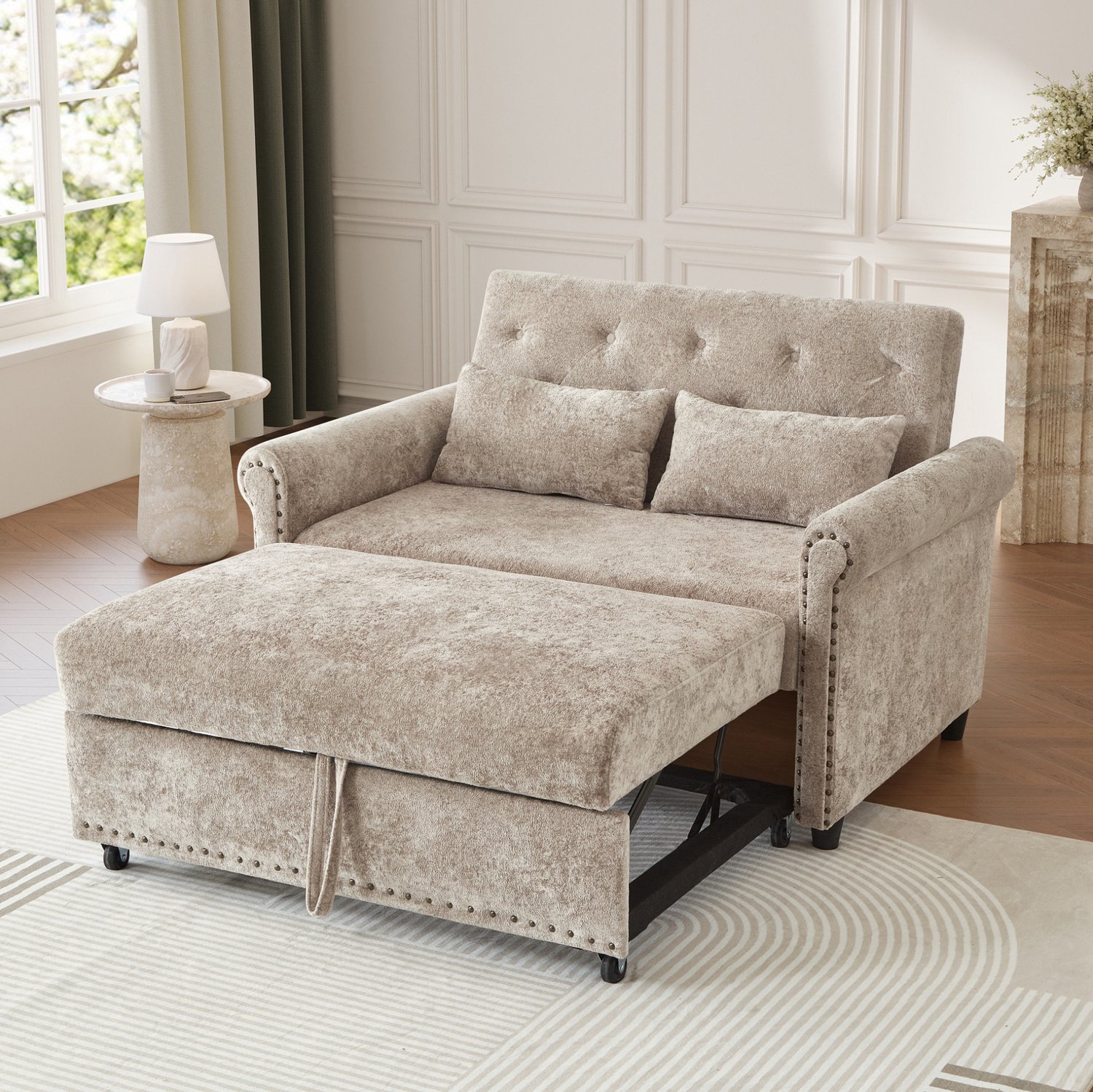 WUVRIE 2-zits slaapbank - Slaapvlak 170x98 cm, verstelbare rugleuning en 2 kussens - Bruin/grijs Beige