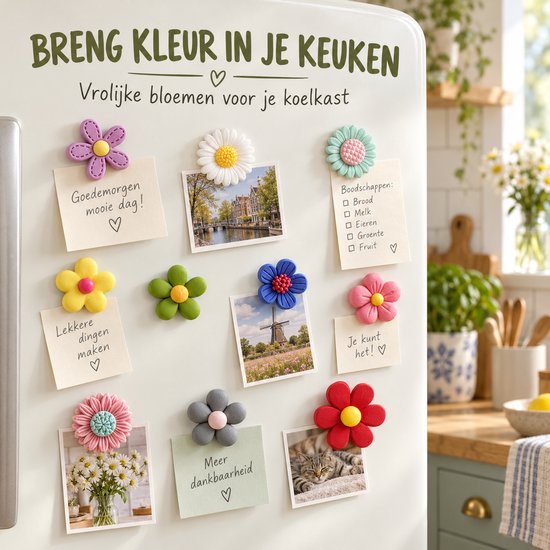 Bloemmagneten op een koelkast met briefjes en de tekst 'Breng kleur in je keuken'.