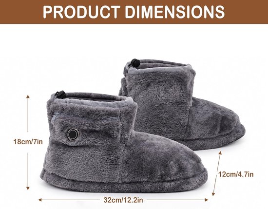 Grijze pluche elektrische pantoffels met afmetingen van 32cm lang, 12cm breed en 18cm hoog.