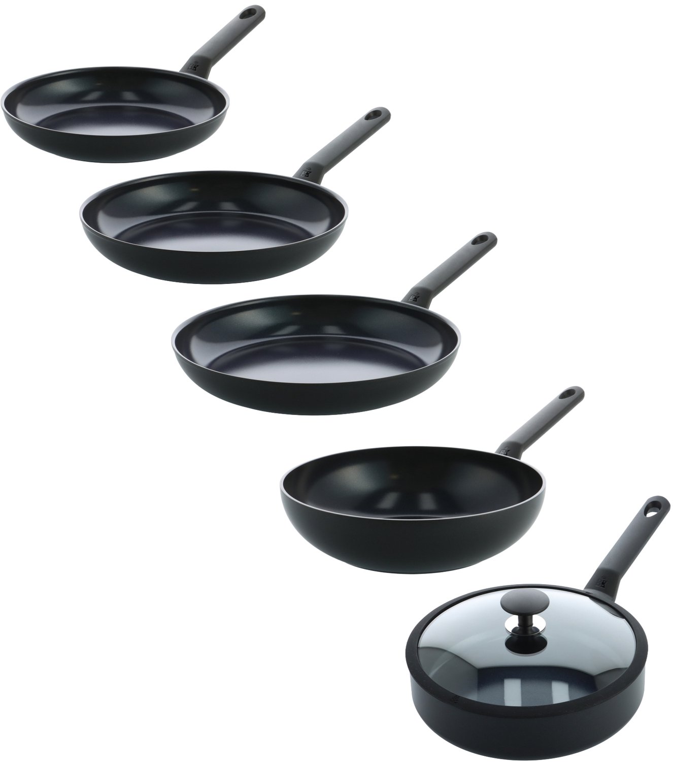 BK Blue Label Induction Pannenset - Koekenpannen 24, 28 en 30 cm - Hapjespan 24cm/2.65L met deksel - Wokpan 28 cm - PFAS-vrije antikleeflaag - Zwart