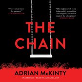 Boekomslag van The Chain door Adrian McKinty, met een witte schommel hangend aan kettingen voor rode tekst op zwarte achtergrond.