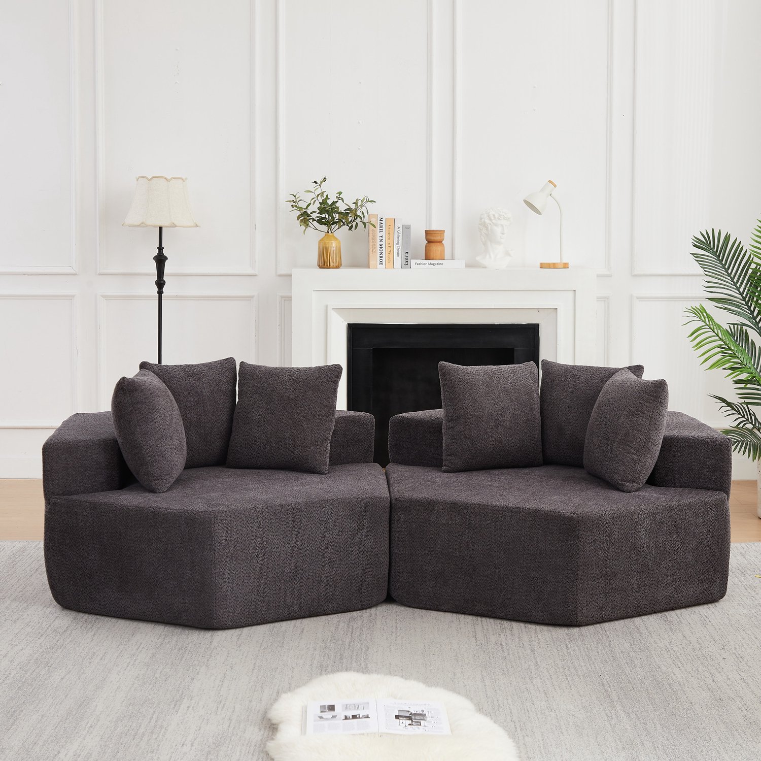 Wishdor Modulaire fauteuil - Hexagonaal design met drie kussens - Zachte chenille bekleding en verenkernvulling - Moderne loungestoel voor woonkamer - Grijs - 138 x 122 x 76 cm
