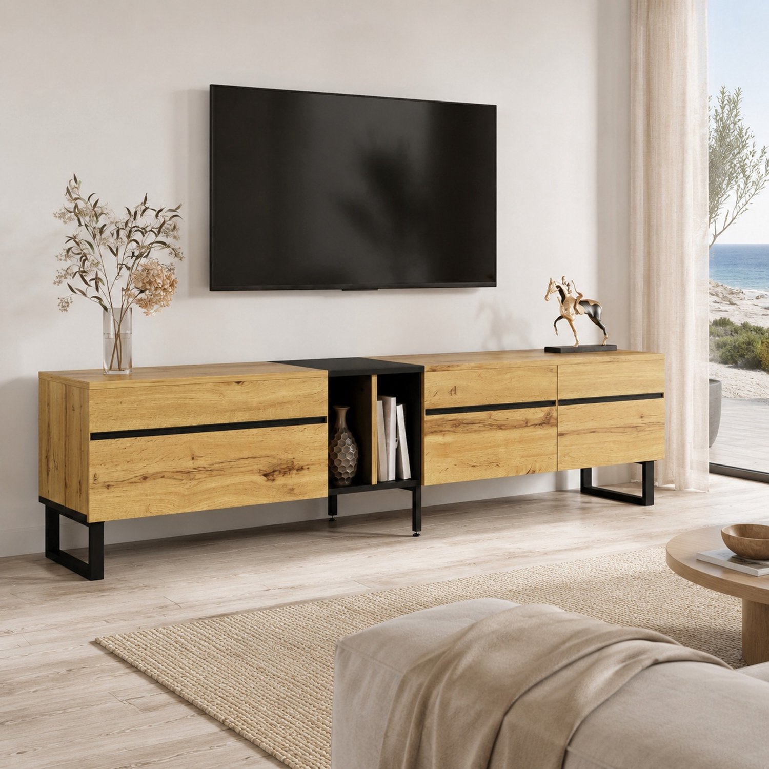 Maisentiel TV-lowboard 180 cm met klapvak en dubbele deuren - spaanplaat - houtkleur