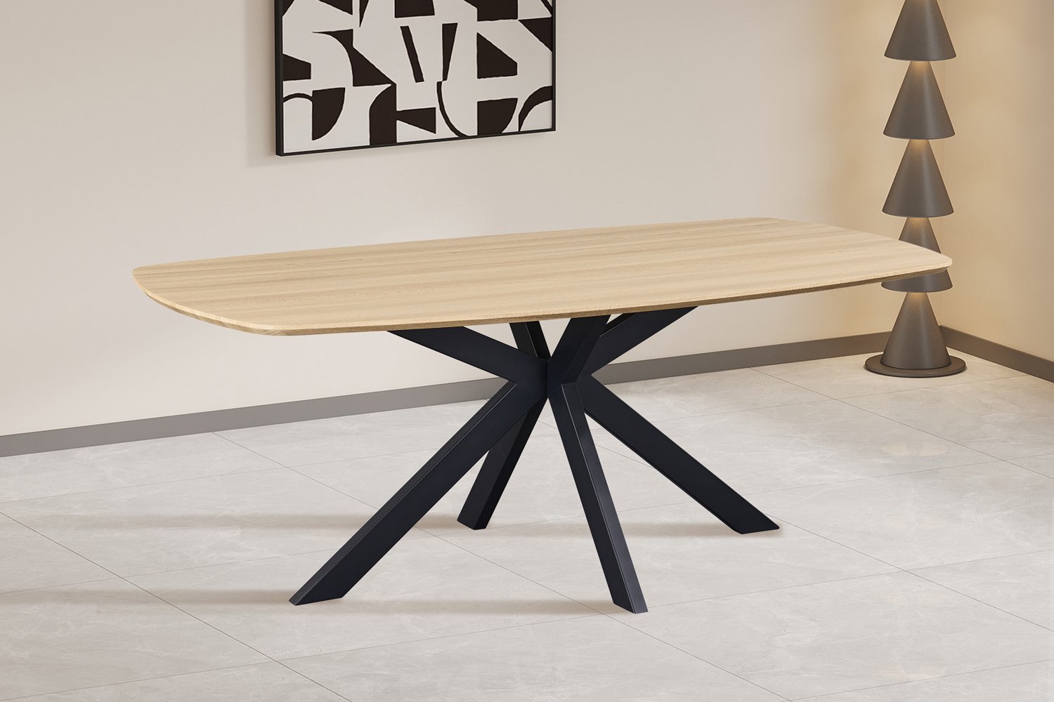 Aziz Deens Ovale Eettafel – 200 x 100 cm – Naturel Eikenlook – Zwarte Metalen Matrixpoot