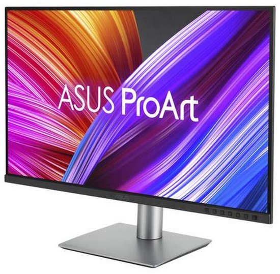ASUS ProArt monitor in schuine hoek, toont kleurrijk display en slanke zilveren voet.