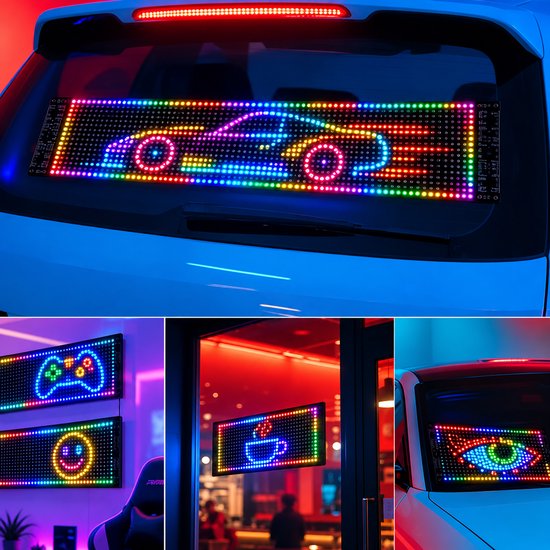 Led-paneel in achterruit met sportwagen-animatie, plus close-ups van iconen in een interieur.