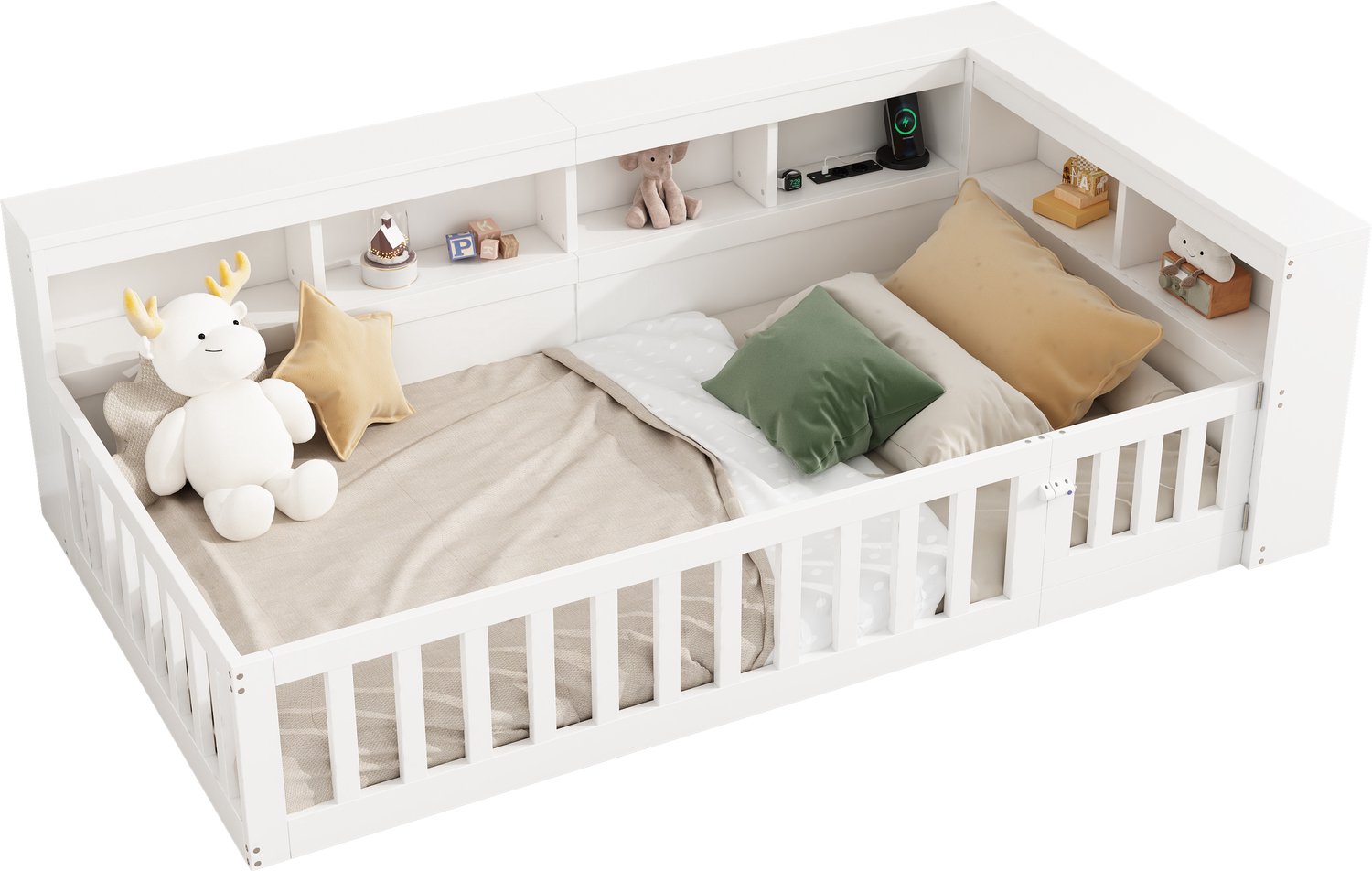 Bedbank 90 x 200 cm - Met Opbergvakken Aan De Zijkant - Inclusief Lattenbodem - Met Stopcontacten En USB - Spaanplaat En MDF - Wit