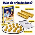 Overzicht van de inhoud: doos, handleiding, zwarte koordring en goudkleurige magneetstukken.