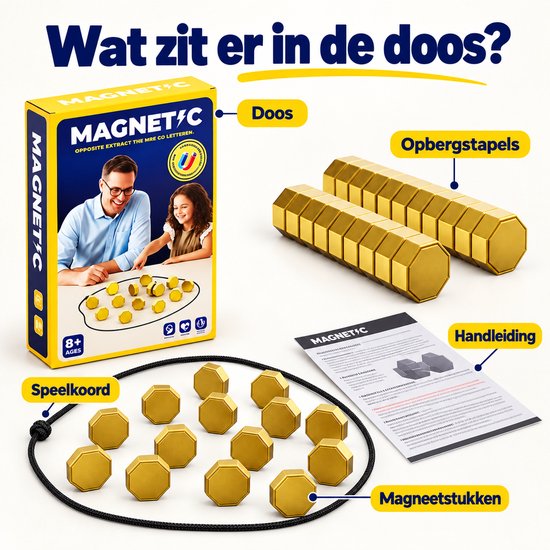 Overzicht van de inhoud: doos, handleiding, zwarte koordring en goudkleurige magneetstukken.