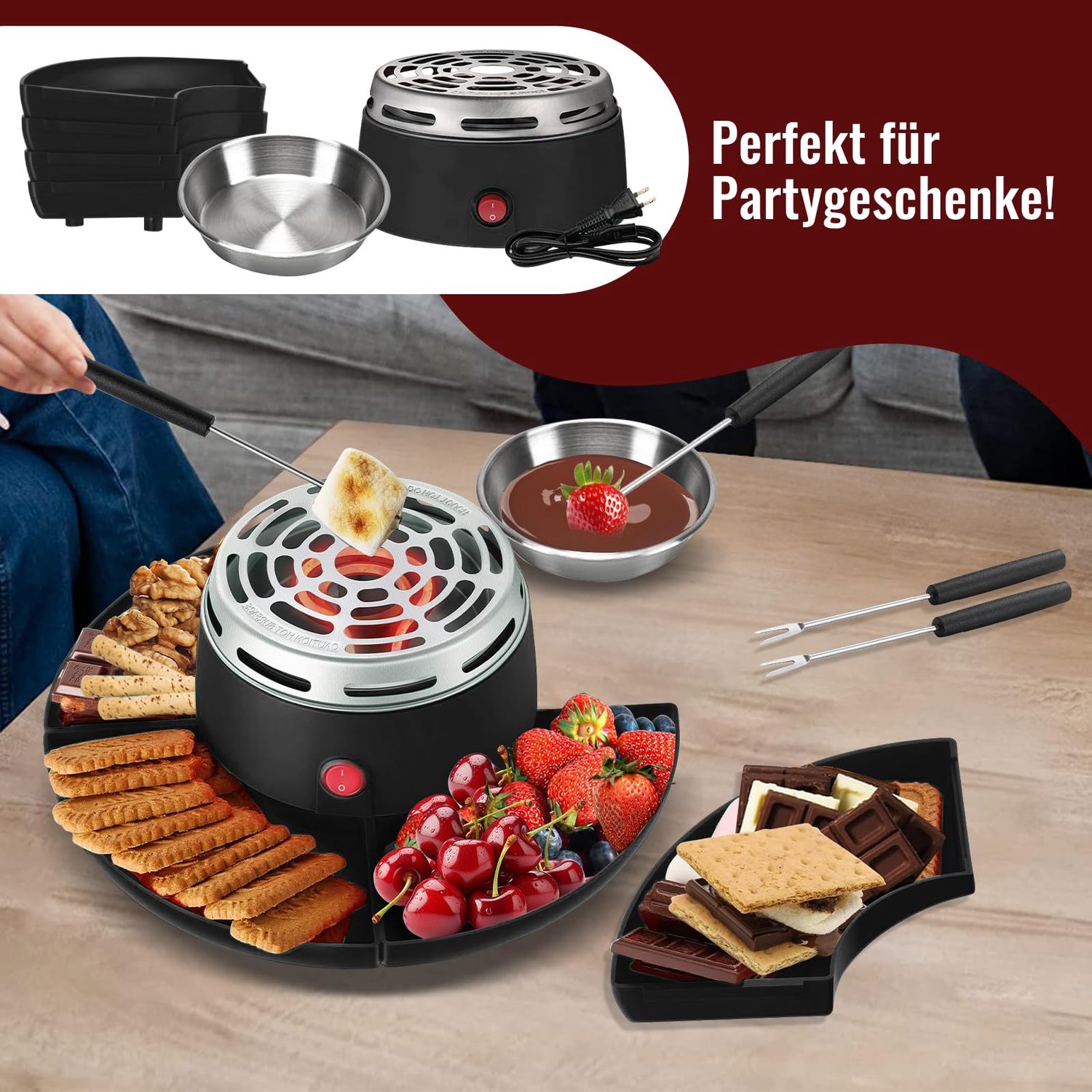 Namajunas - 2-in-1 S'mores maker en chocolade fondue set - 4 Afneembaar blad - Met 4 Marshmallow rooster & 260ML RVS Blad - Vlamvrij voor binnen - Verdeeld serveerblad - Voor marshmallows, chocolade en kaas - Cadeau - Voor feesten en kamperen – foto 5