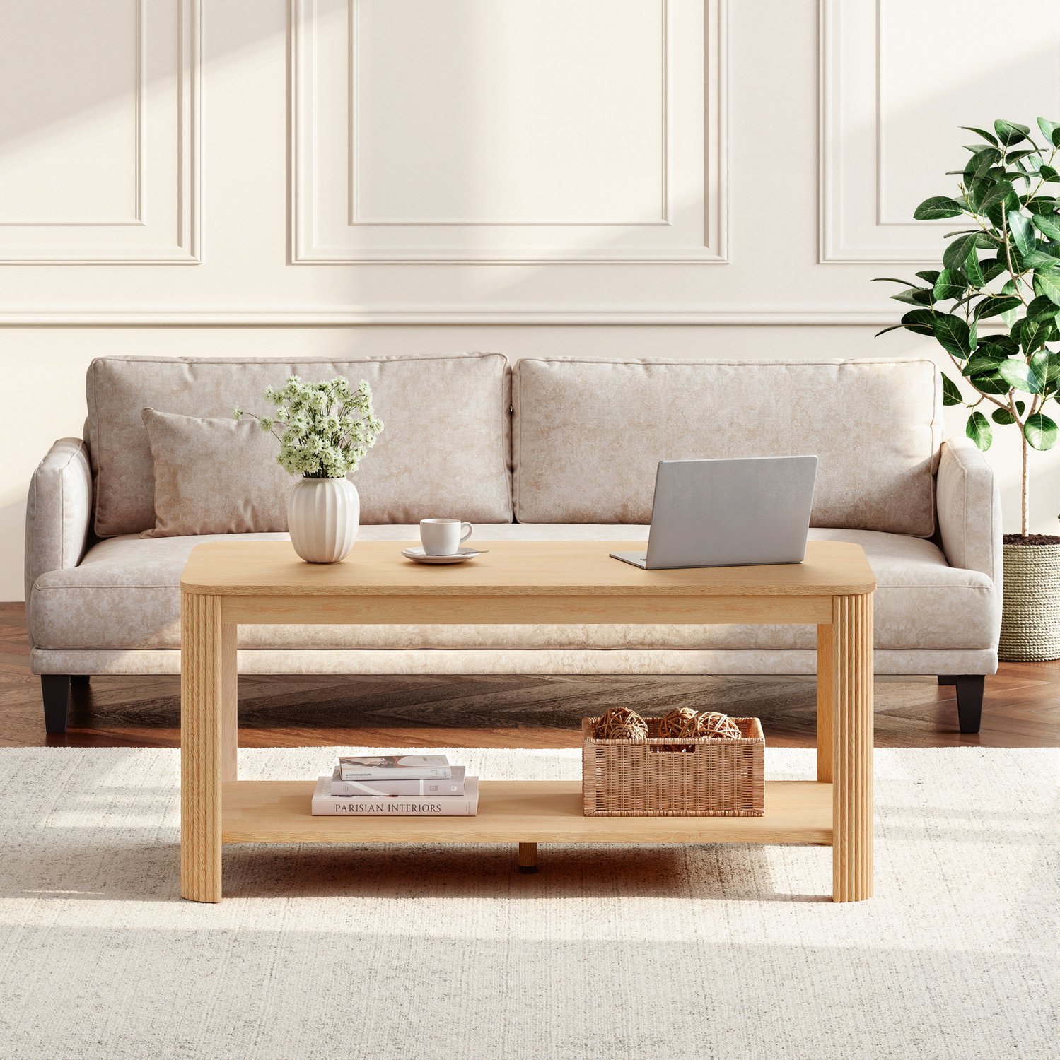 STILVORA Salontafel - Dubbele Open Opbergruimte - Rechthoekig Voor Woonkamer En Decoratie - Spaanplaat - 100x50x45 Cm - Naturel