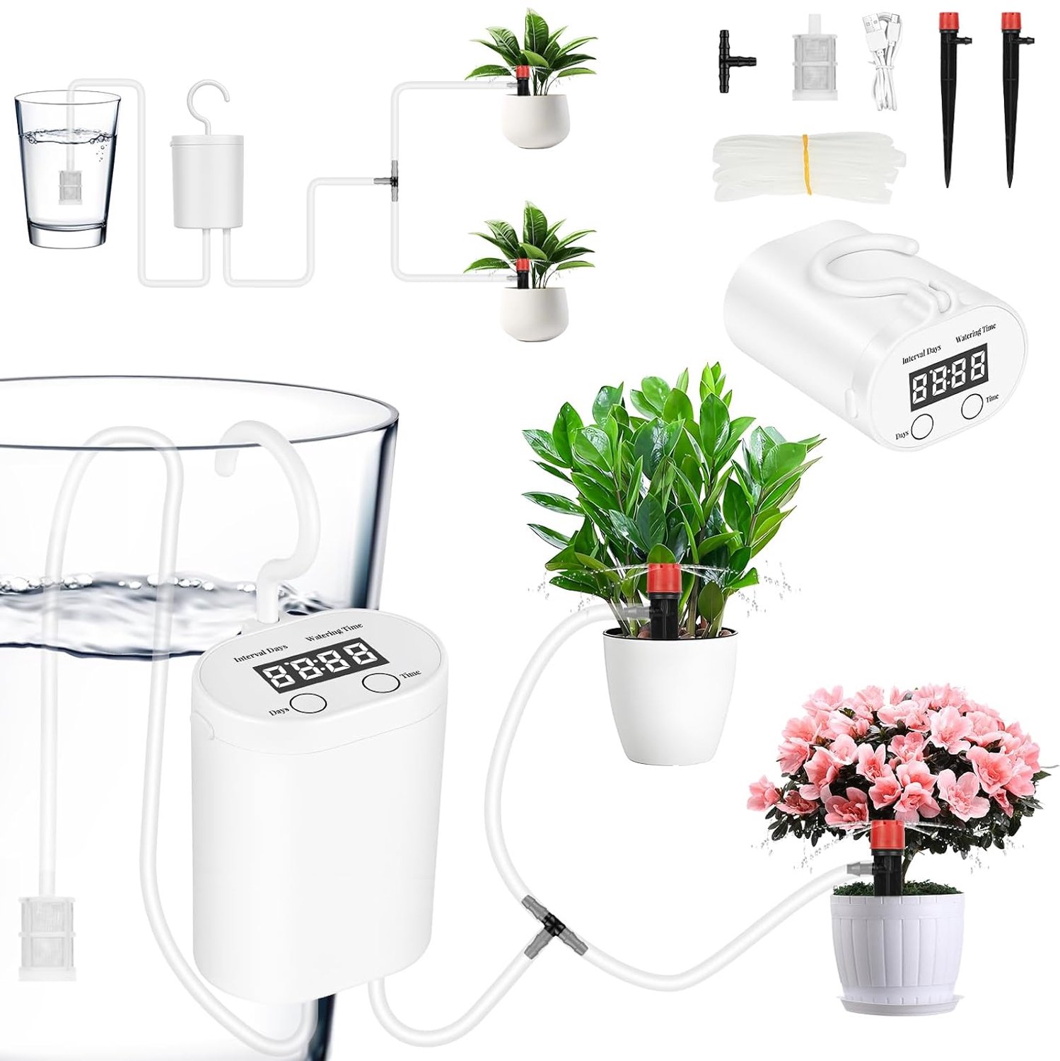 KZQ Automatisch bewateringssysteem – Automatische irrigatieset – Automatische bewatering voor 2 planten binnenshuis – Oplaadbare druppelirrigatieset met slangen