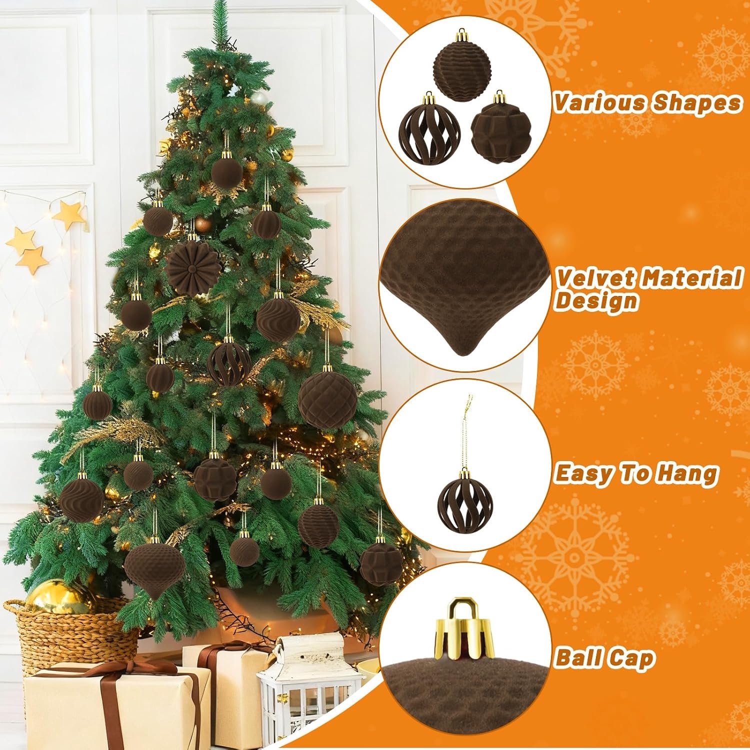 48 stuks - Kerstballen - Fluwelen kerstballen - Kerstboomdecoratie - Kerstballen Set - Kerstboom Decoratie - Kerstversiering - Kerstornamenten - Ornamenten - voor kerstboom, vakantie, thuis, kerstfeest en ramen - bruin – foto 2