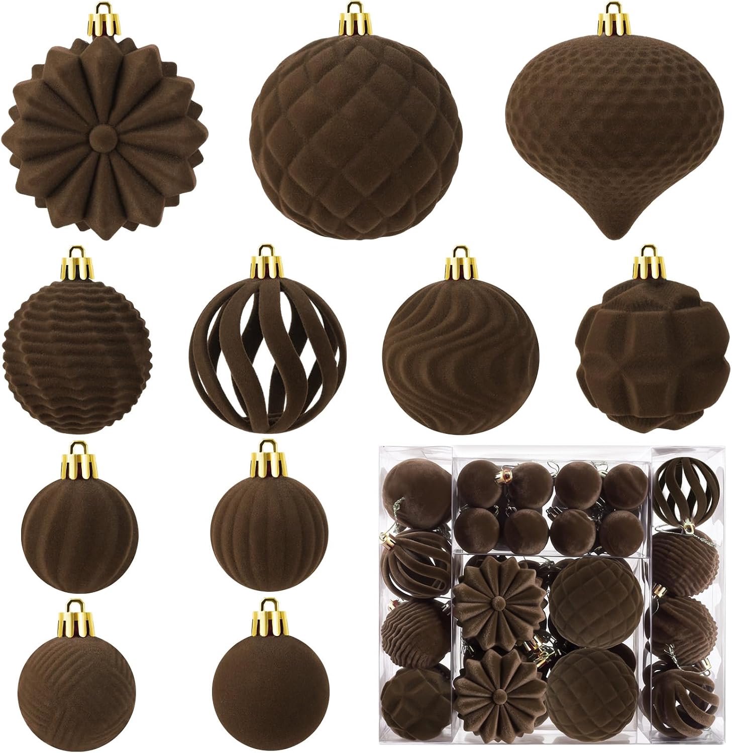 48 stuks - Kerstballen - Fluwelen kerstballen - Kerstboomdecoratie - Kerstballen Set - Kerstboom Decoratie - Kerstversiering - Kerstornamenten - Ornamenten - voor kerstboom, vakantie, thuis, kerstfeest en ramen - bruin