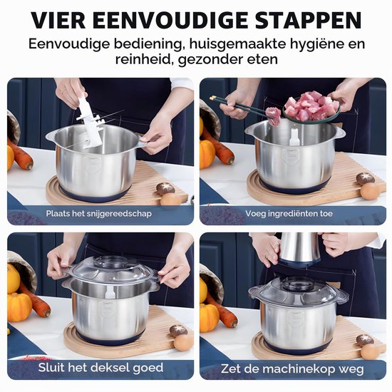Elektrische hakmolen 5 l, mixerhakmolen 500 W met 5 snelheden, messen van roestvrij staal met 6 bladen, garde en spatel, voor vlees, groenten — afbeelding 4