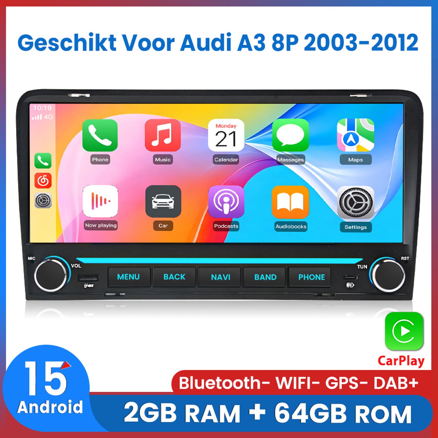 Awesafe 10.26 Inch Android 15.0 Autoradio - Geschikt Voor Audi A3 8P 2003 t/m 2012 - IPS 1600 * 600 Resolution - Front-end Type-C charging - Draadloos Carplay Android Auto - RAM 2GB + ROM 64GB - GPS Navigatie Bluetooth Wifi RDS FM