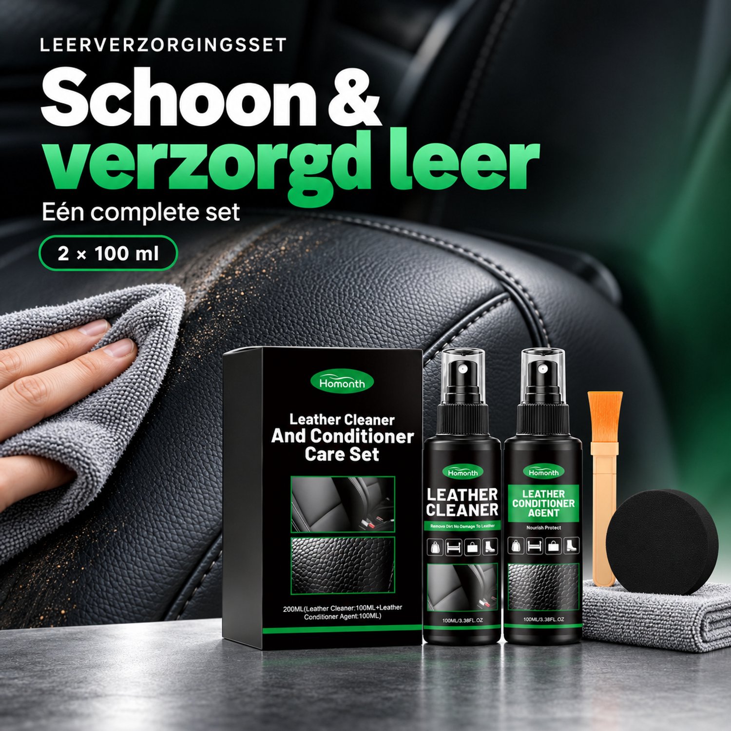 Homonth Leer Onderhoud Set 200 ml – Leerreiniger & Leerverzorging Conditioner – Leather Care Kit met Borstel, Spons & Microvezeldoek – Voor Leer & Kunstleer – Auto, Bank, Meubels, Schoenen en Tassen