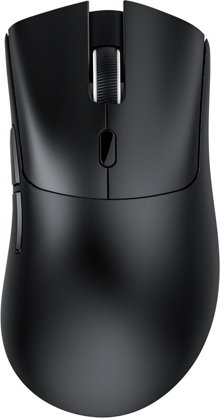 Bovenaanzicht van een ergonomische zwarte gamingmuis met scrollwiel en zijknoppen.
