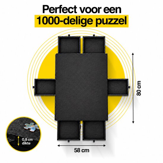 Zwarte puzzeltafel voor 1000 stukjes met 6 lades, 80 cm bij 58 cm, met een detail van 0,8 cm dikte.