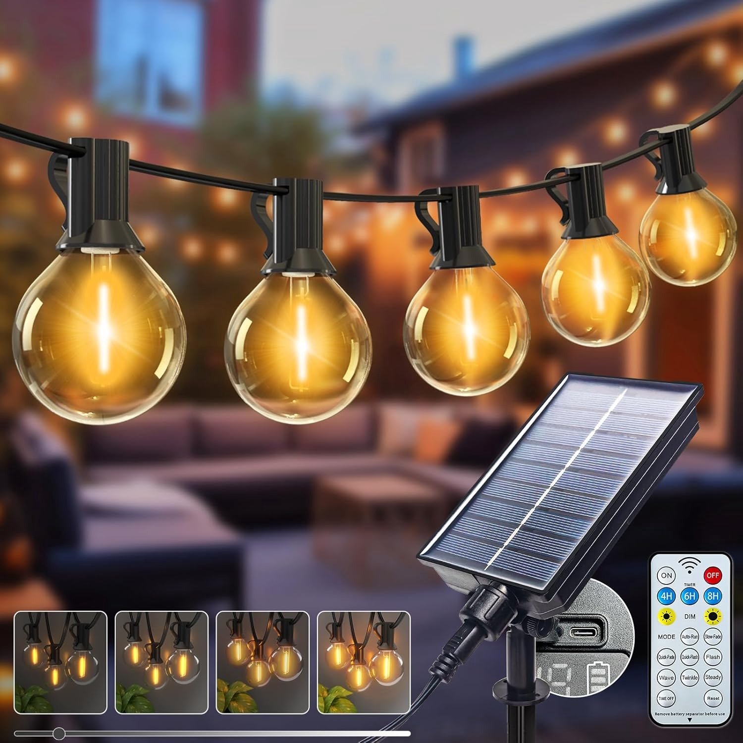 9m Solar G40 Buitenverlichting met Afstandsbediening – 15 LED Verlichtingsmodi, Breukvaste Lampen, IP65 Waterdicht, Voor Terras en Tuin