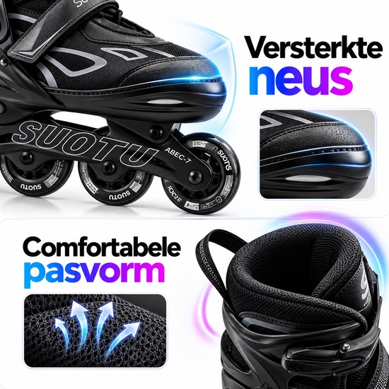 Zwarte Suotu inlineskates met versterkte neus en ademende comfortabele pasvorm.