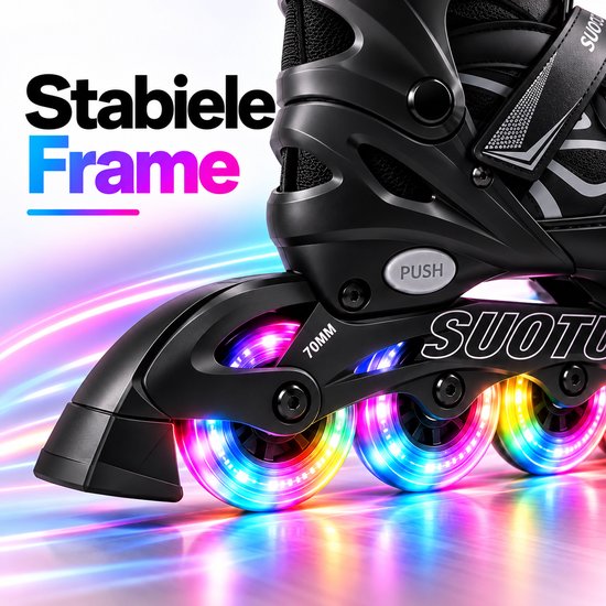 Detail van de stabiele frame en fel verlichte 70mm LED-wielen van zwarte inlineskates.