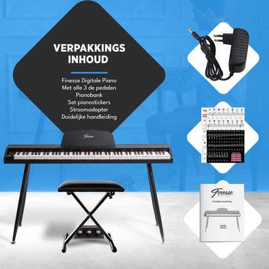 Inhoud: Finesse piano, kruk, pedalen, stickers, adapter en handleiding.