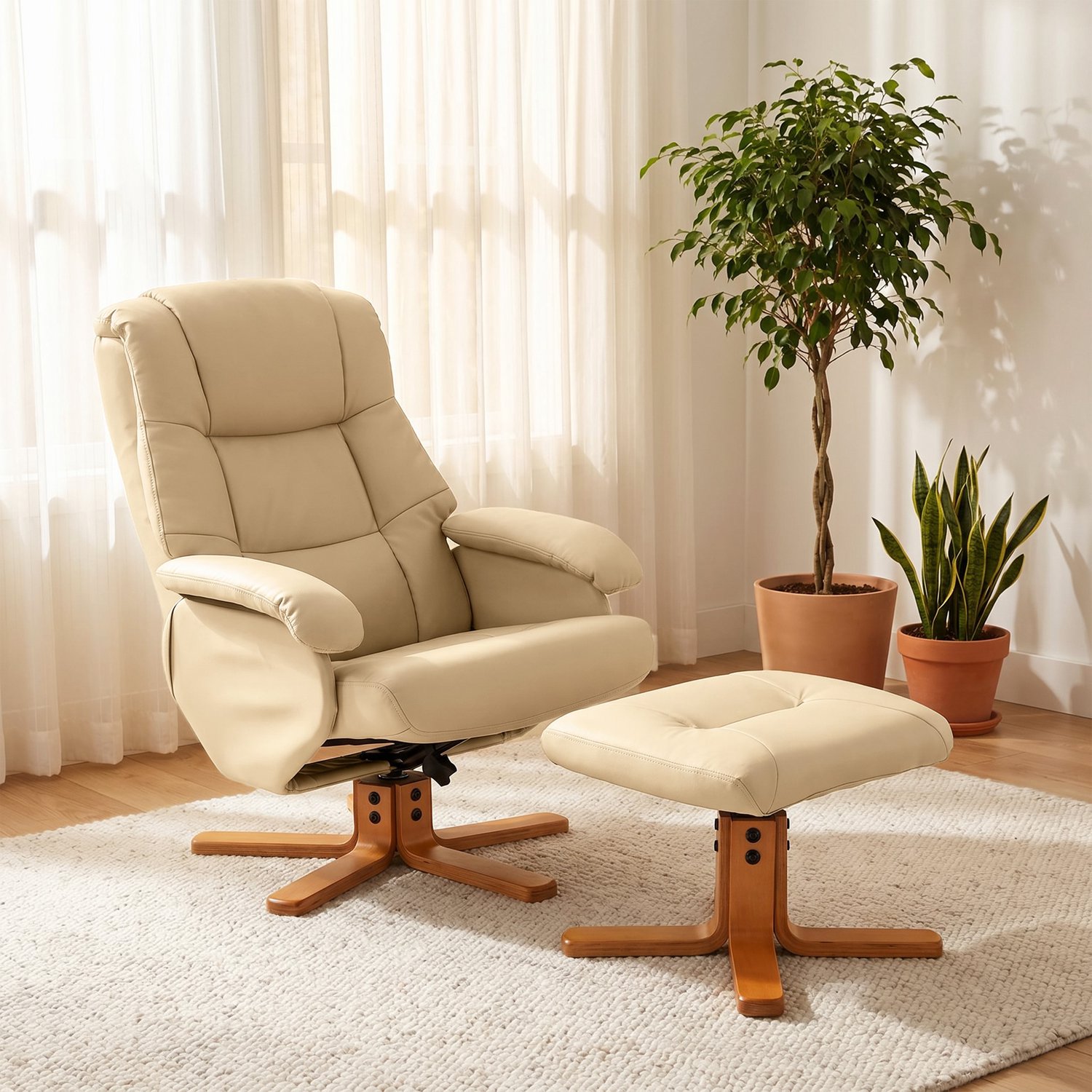 MUVANO Relaxfauteuil met voetensteun - 360 graden draaibare fauteuil - Kantelbaar tot 135° - Maximaal draagvermogen 120 kg - Afmetingen fauteuil: 68B x 85D x 94H cm - Optimaal comfort - Woonkamer Beige