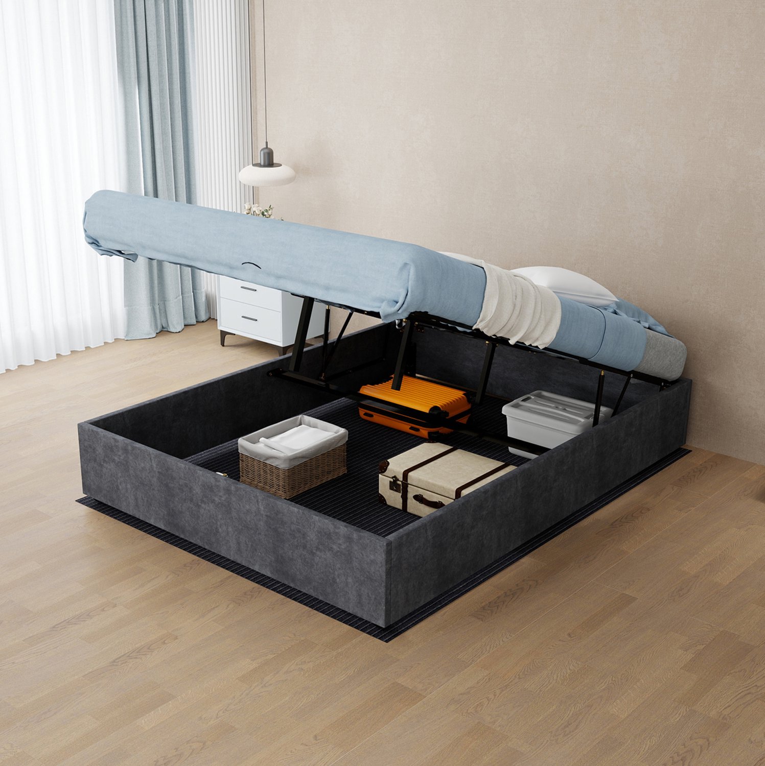 WUVRIE Opbergbed 140x200 cm - Met gasveer en matras - Grijs