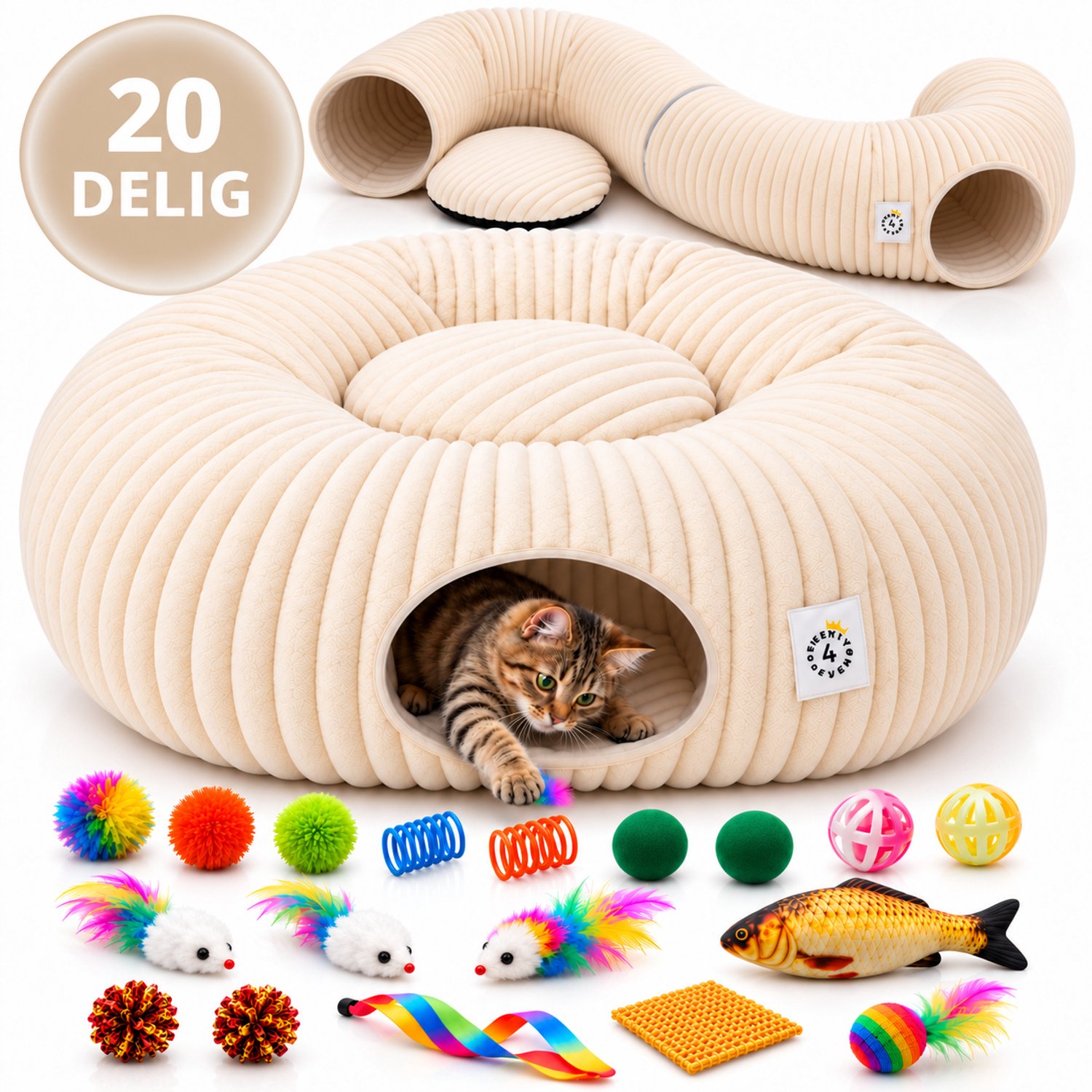 Twenty4seven® Kattentunnel Donut 20-Delig - Opvouwbare Speeltunnel met Kattenspeeltjes en Kattenkruid - Rond Kattenspeelgoed voor Kitten en Kat - Buis 25 cm