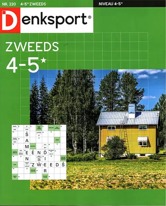 Groen Denksport Zweeds puzzelboekje nr. 220, niveau 4-5 sterren, met afbeelding van een geel huis in het bos.