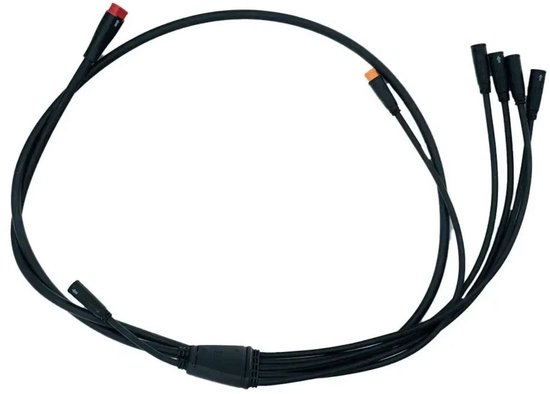 Zwarte EB-Parts kabelboom voor fatbike met meerdere aansluitingen en rode en oranje kleurgecodeerde pluggen.
