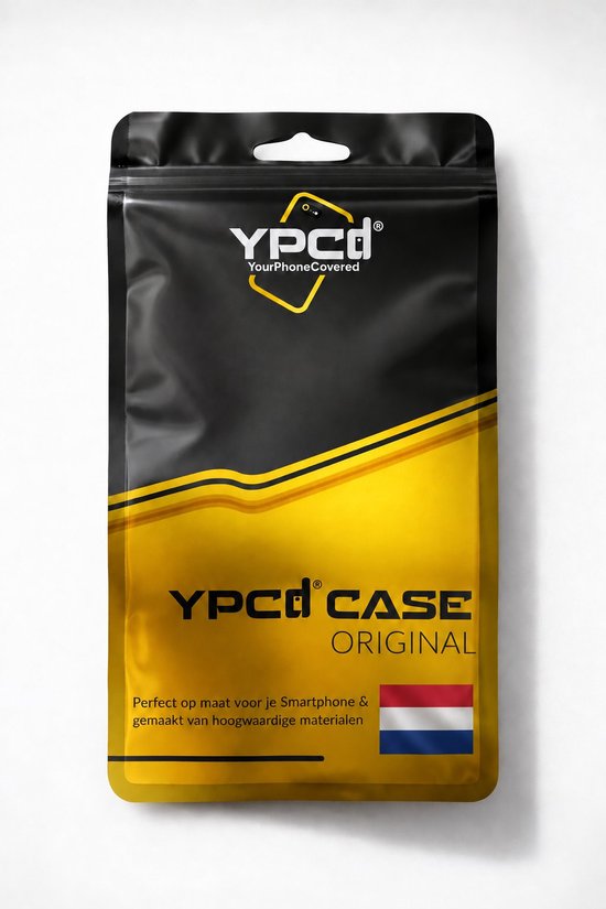 Zwarte en gouden YPCd-verpakkingszak met Nederlandse vlag en tekst: Perfect op maat voor je Smartphone & gemaakt van hoogwaardige materialen.