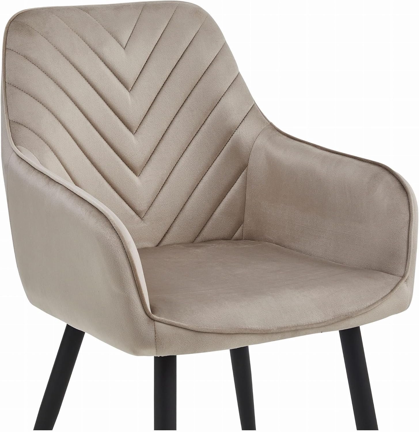 Set van 2 Eetkamerstoelen Velora met Armleuningen, Donkerbeige Fluwelen Bekleding, Zwarte Metalen Poten, Gestoffeerde Keukenstoelen, Comfortabele Eetkamerstoelen met Ergonomische Rugleuning, 61 x 54 x 84 cm, Belastbaar tot 110 kg per Stoel