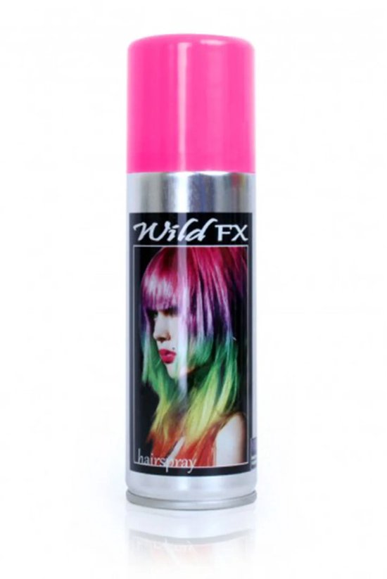 Roze Wild FX haarspray bus met een afbeelding van een persoon met kleurrijk regenbooghaar op het etiket.