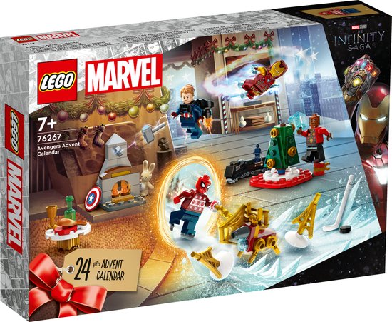 LEGO Marvel Avengers Adventskalender met 24 cadeautjes, Iron Man, Captain America, Spider-Man, haardvuur, kerstboom.