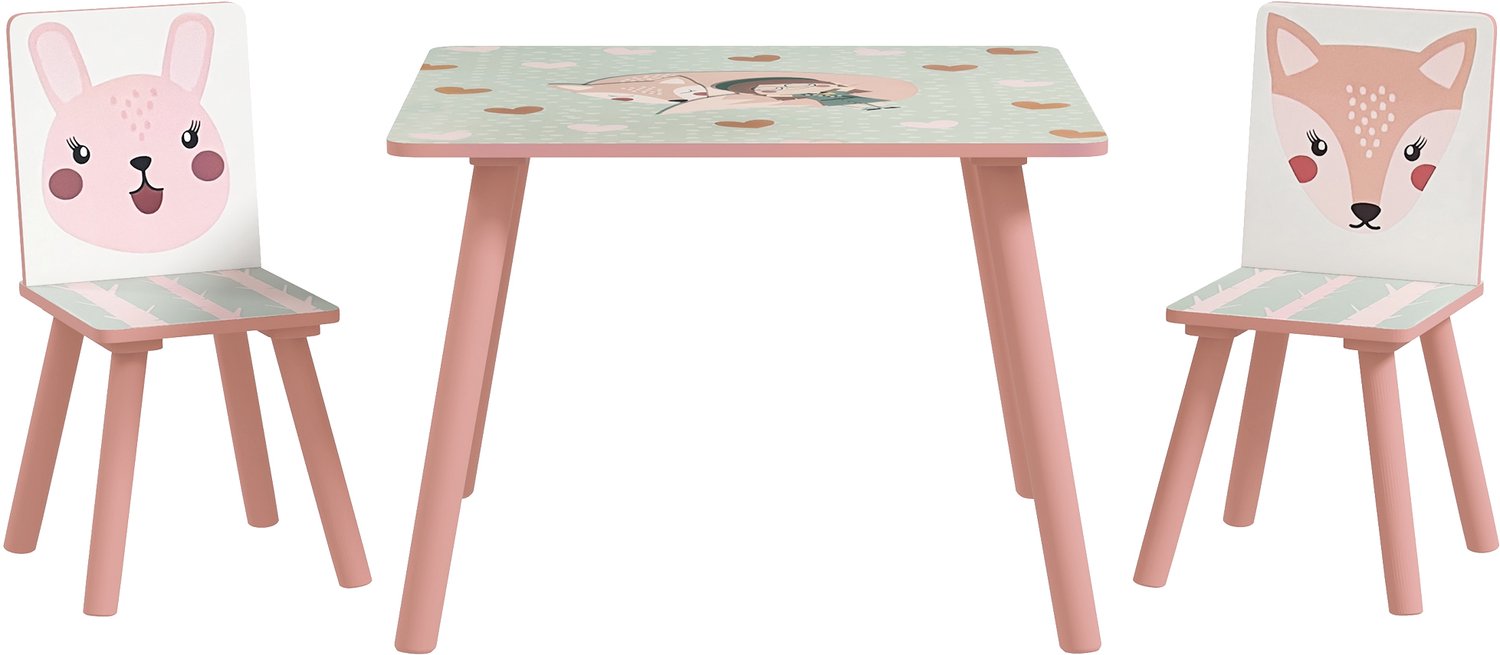 Kinderzitset van grenenhout - tafel met 2 stoelen - dierenmotief - kinderkamer - 3 - 8 jaar - roze